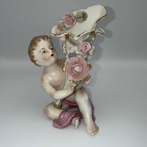 Ucagco Porcelain Cherub Figurine with Floral Vase Accents - Handpainted and Gold